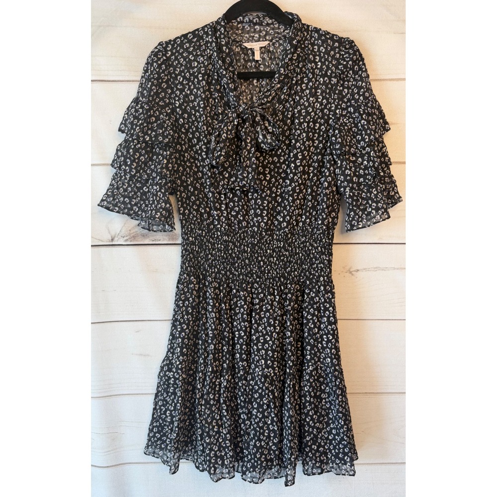 Rebecca Taylor Silk Leopard Print Smocked Mini Dress Black Purple 8 818 940 D070